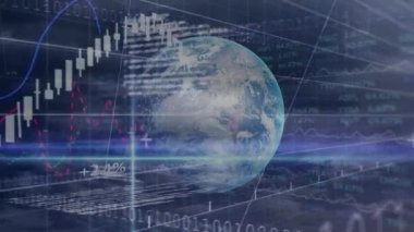 Küresel animasyon, rakamlar ve grafiklerle borsa görüntüsü, arkaplanda veri kaydı üzerinden borsada yükselen ve düşen fiyat. Finans sektörü borsası küresel veri işleme kavramı dijital olarak oluşturulmuş görüntü.