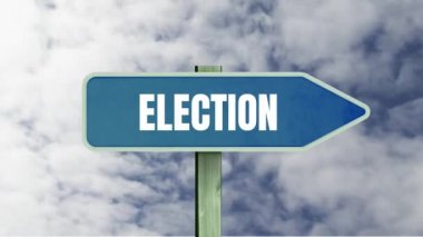 Seçim sözcüğünün animasyonu mavi oklu yolda beyaz bulutların üzerinde beyaz harflerle yazılmış. Arka planda tekrarlanan hareketlerle gökyüzünde hızla hareket ediyor..