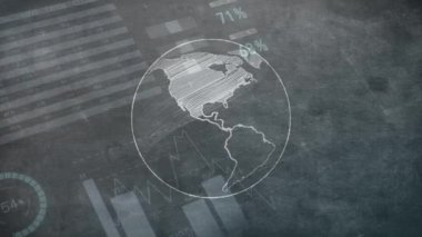 Küresel dönüşün animasyonu, rakamlar ve grafiklerle borsa görüntüsü, arkaplanda veri kaydı üzerinden borsada yükselen ve düşen fiyat.. 
