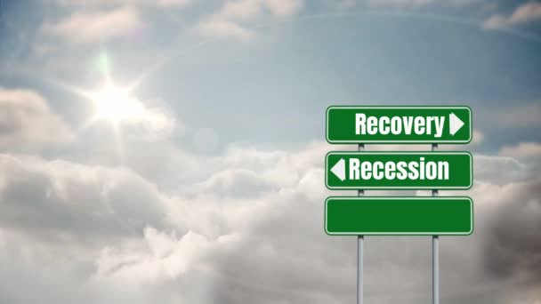 Animation Words Recovery Recession Written Green Road Signs White Clouds — Stock Video