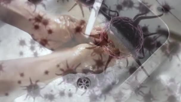 Animation de cellules de macro coronavirus Covid-19 se répandant sur l'homme se lavant les mains dans un évier. Médical santé publique pandémie coronavirus Covid 19 épidémie quarantaine verrouillage concept numérique composite .