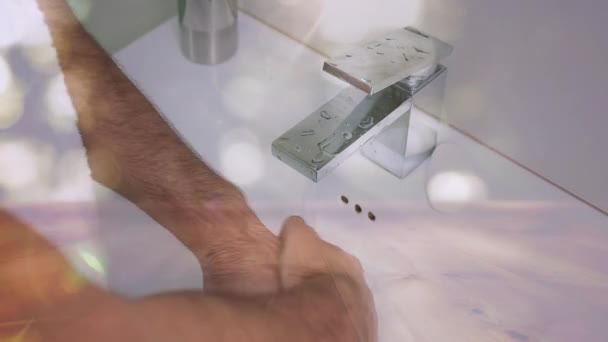 Animation Man Washing His Hands Sink Coronavirus Covid Epidemic Defocused — Stock Video