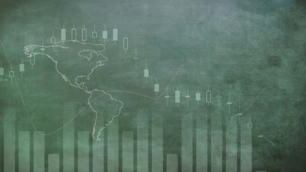 用数字和图表在股票市场上展示世界地图的动画 背景中的数据记录在股票交易所的价格上下波动 — 图库视频影像
