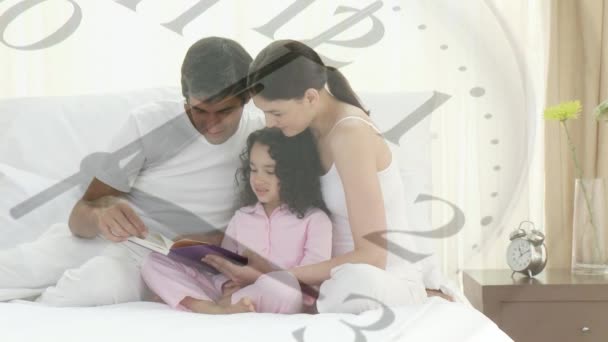 Animation Couple Home Reading Bed Daughter Hands Moving Clock Foreground — Stock Video