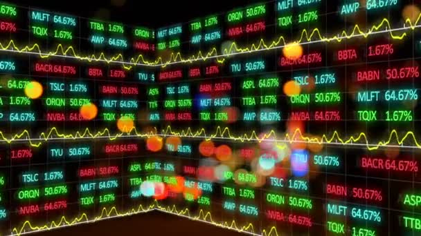 株式市場の数字とグラフでの表示のアニメーション 背景に動く光る光で記録上の株式交換で上下に行く価格 — ストック動画