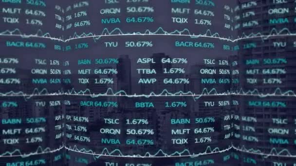 株式市場の数字とグラフでの表示のアニメーション 背景の街並みとのデータの交換で上下に行く価格 — ストック動画