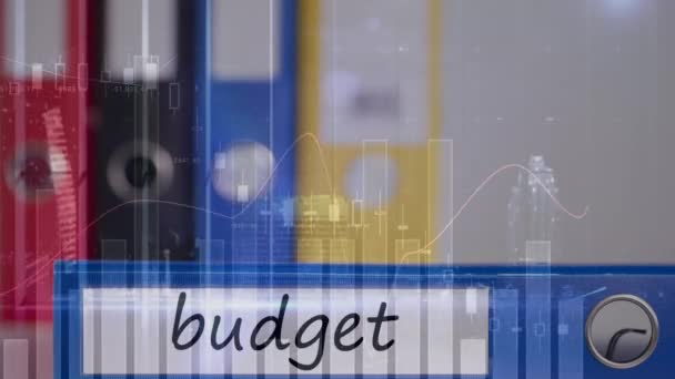 Animasyon Bütçe Kelimesi Borsa Görüntülemesi Üzerine Yazılmış Rakamlar Grafiklerle Hisse — Stok video