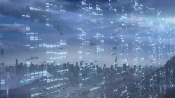 Animering Stadsbilden Över Databehandling Och Digital Information Som Flödar Genom — Stockvideo