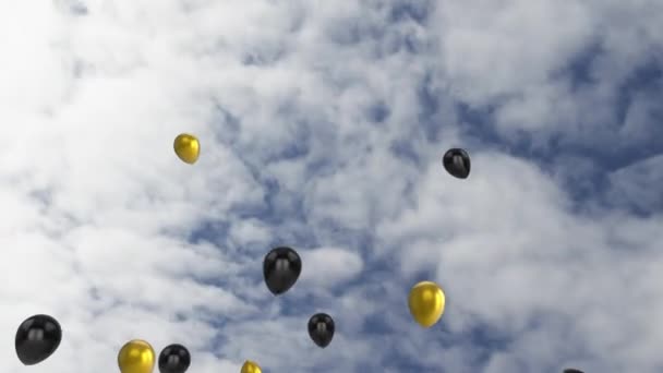 Animación Grupo Globos Dorados Negros Sobre Nubes Blancas Moviéndose Rápidamente — Vídeo de stock