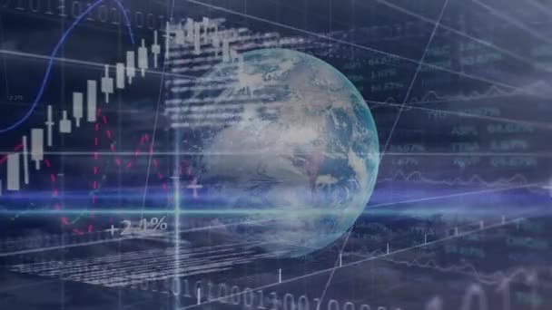 Animation du globe, affichage du marché boursier avec des chiffres et des graphiques, prix montant et descendant à la bourse sur l'enregistrement des données en arrière-plan. Finance business bourse concept global de traitement des données image générée numériquement .