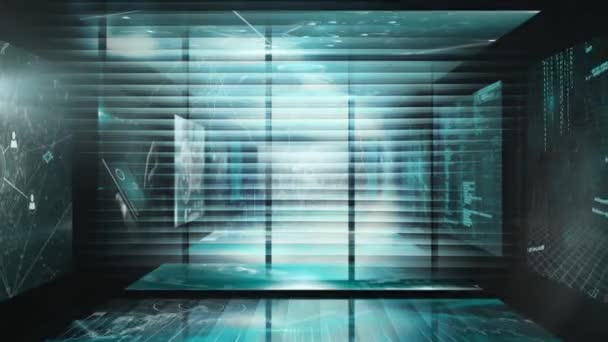 Animation du traitement des données et de l'information numérique circulant à travers le réseau d'écrans d'ordinateur avec une personne utilisant une tablette numérique en arrière-plan . 