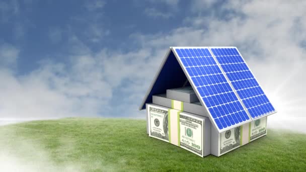 采用太阳能电池板屋面和美元钞票的数字住宅动画 背景下 白云在天空无缝循环中快速移动 重复运动 — 图库视频影像