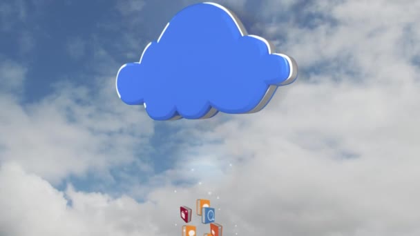 Animação Ícones Digitais Caindo Uma Nuvem Digital Azul Sobre Nuvens — Vídeo de Stock