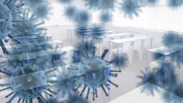 Animation Macro Coronavirus Covid Cells Spreading Desks Chairs Empty School — Stock Video