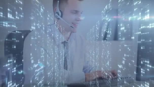 Animation Businessman Wearing Phone Headset Using Computer Data Processing Digital — Stock Video
