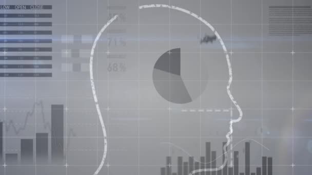 Анимация Очертаний Головы Человека Поворотом Шестеренок Отображение Фондовом Рынке Цифр — стоковое видео