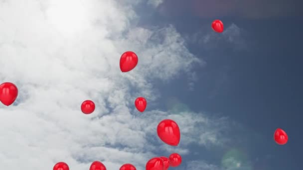 Animering Grupp Röda Ballonger Över Grå Moln Rör Sig Snabbt — Stockvideo