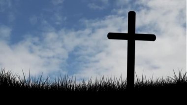 Hristiyan haçının siluetinin animasyonu bulutların üzerinde hızla hareket ediyor ve arka planda çayır var. Paskalya dini kavramı dijital olarak oluşturulmuş görüntü.