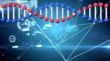 Üç boyutlu çift sarmallı DNA iplikçiklerinin animasyonu. Mavi arkaplanda bağlantı ağı ve veri işleme ağı ile kusursuz bir döngü içinde dönüyor. Küresel biyoloji araştırma bilimi konsepti dijital olarak oluşturulmuş görüntü.