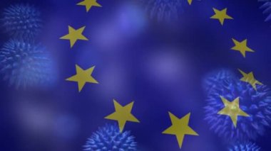 Hareket eden bir Avrupa Birliği bayrağı üzerinde yayılan makro koronavirüs Covid-19 hücrelerinin animasyonu. Avrupa tıbbı halk sağlığı salgını Coronavirüs Covid 19 salgını karantina tecrit kavramı dijital bileşik.