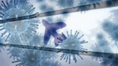 Mavi bir jet uçağı ve evrak çantasının sembolü üzerine yayılan makro Coronavirus Covid-19 hücrelerinin animasyonu. İş seyahati halk sağlığı salgını Coronavirüs Covid 19 salgını karantina tecrit kavramı dijital bileşik.