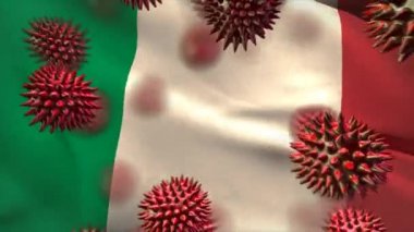İtalyan bayrağı dalgalanırken sallanan makro koronavirüs Covid-19 hücrelerinin animasyonu. Halk sağlığı salgını Coronavirus Covid 19 salgını karantina tecrit konsepti dijital bileşik.