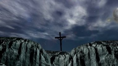 Hıristiyan animasyonu ay ve güneşi aşıyor, gece ve gündüz, bulutlar arka planda mavi gökyüzünde hızlı hareket ediyor. Paskalya dini kavramı dijital olarak oluşturulmuş görüntü.