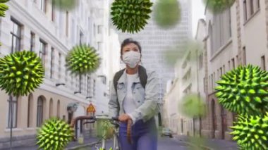Makro koronavirüs Covid-19 hücrelerinin koruyucu maske takan bir kadının üzerine yayılması arka planda bisiklet ile dolaşması..