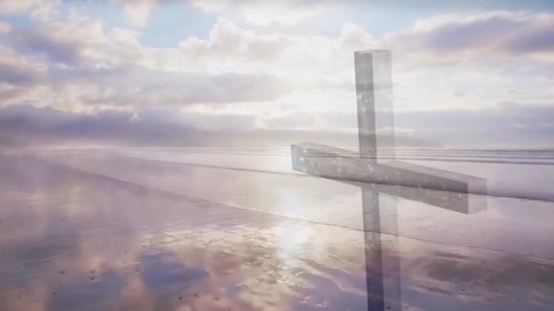 背景には青い空に輝く速い動きと太陽の下で雲と海を渡るキリスト教徒のアニメーション イースター宗教信仰の概念デジタル生成画像 — ストック動画