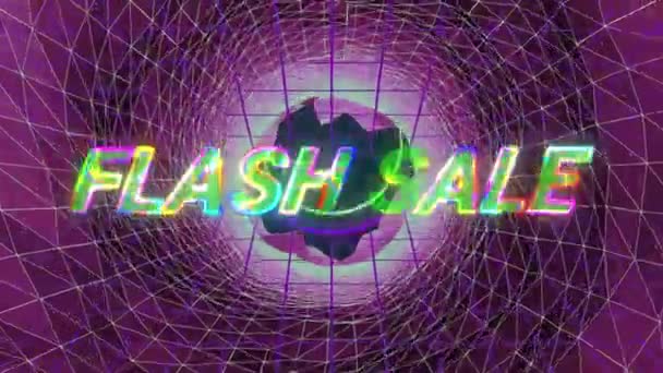 动画中的文字Flashsale是用彩色的发光字母写成的 有多彩的圆圈和发光的隧道 背景是紫色网格中的催眠运动 销售零售报价概念数字生成的图像 — 图库视频影像