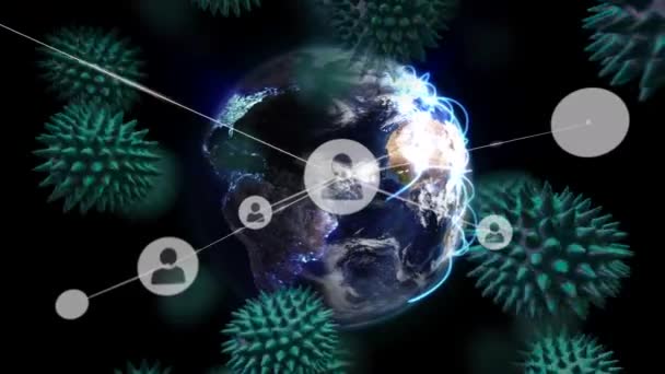 Animation Macro Coronavirus Covid Cells Spreading Network Connection Globe Spinning — Stock Video