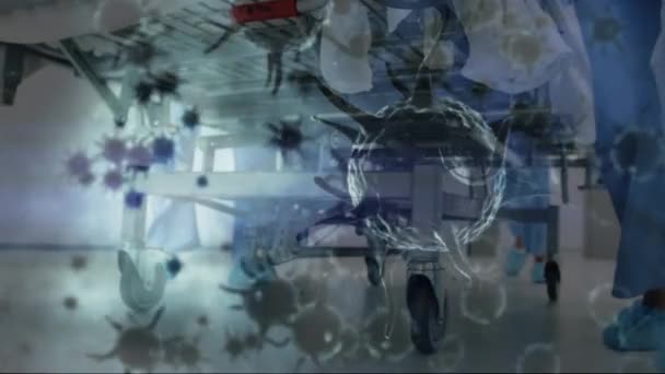 Анимация Макро Вируса Коронавируса Covid Клеток Распространяющихся Ноги Медицинского Персонала — стоковое видео