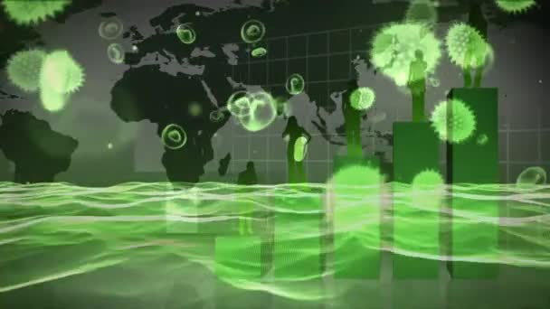 緑色の水の上に広がるマクロウイルスとコロナウイルスCovid 19細胞のアニメーションと世界地図を背景にしています 医学公衆衛生パンデミックコロナウイルスCovid 19感染症隔離ロックダウンコンセプトデジタル複合体 — ストック動画