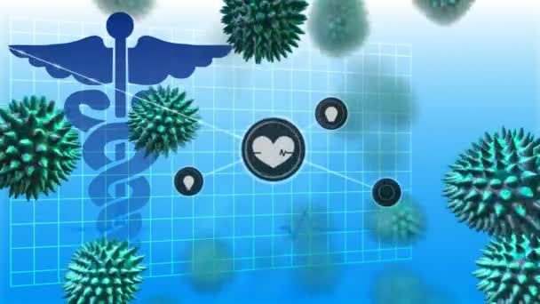 Анімація Клітин Макрокоронавірусу Covid Розповсюджуються Сітці Синьому Фоні Мережа Язків — стокове відео