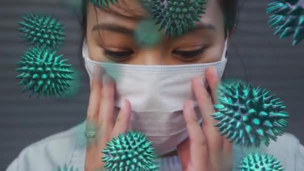 Анімація Макро Коронавірусів Клітини Ковід Поширюються Зображення Жінки Азії Одягненої — стокове відео