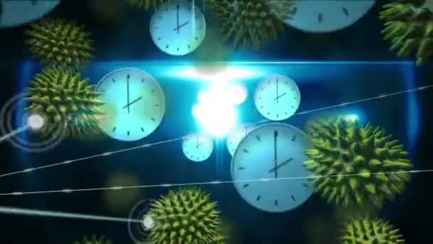 Hızlı Hareket Eden Saatlere Yayılan Makro Koronavirüs Covid Hücrelerinin Animasyonu — Stok video