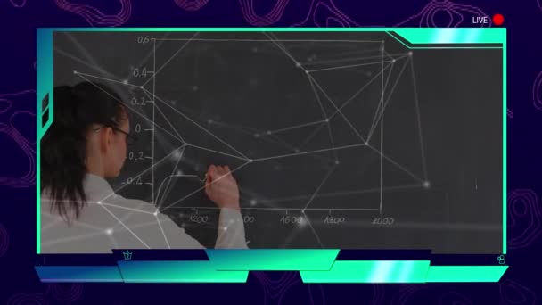 교사가 온라인으로 생동감있는 강의를 애니메이션 배경에 거미줄 파란색 프레임이 것이다 — 비디오
