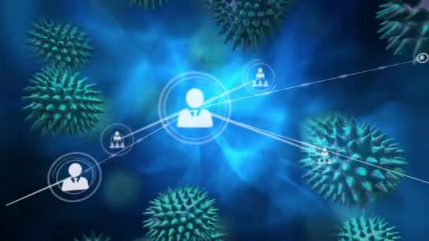 Анімація Клітин Макрокоронавірусу Covid Поширюються Через Мережу Язків Іконками Людей — стокове відео