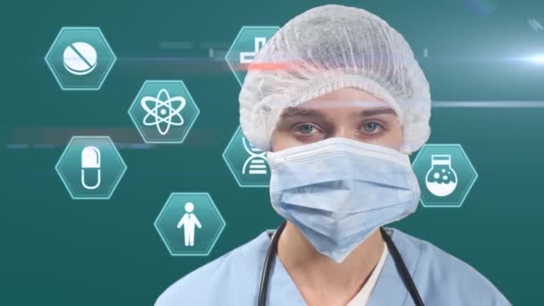 Animation Female Doctor Wearing Protective Face Mask Looking Camera White — Stock Video