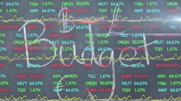 这几个字的动画 用粉笔写在股市上方 用数字和图表显示 股票交易所的价格上下波动 — 图库视频影像