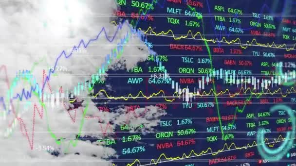 Animación Nubes Moviéndose Sobre Exhibición Del Mercado Valores Con Números — Vídeos de Stock