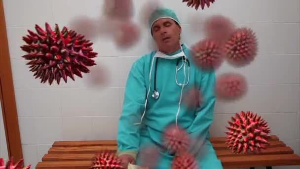 巨细胞Covid 19在身穿防护面罩的疲惫男医生身上的激活作用 — 图库视频影像