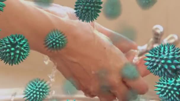 Animação Macrocoronavírus Células Covid Espalhadas Sobre Mulher Lavando Mãos Epidemia — Vídeo de Stock