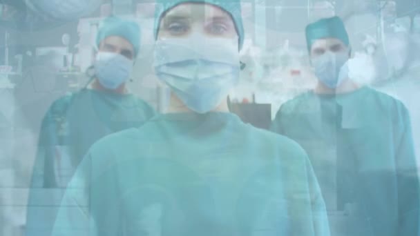 Animering Manliga Och Kvinnliga Läkare Bär Skyddande Ansiktsmasker Tittar Kameran — Stockvideo