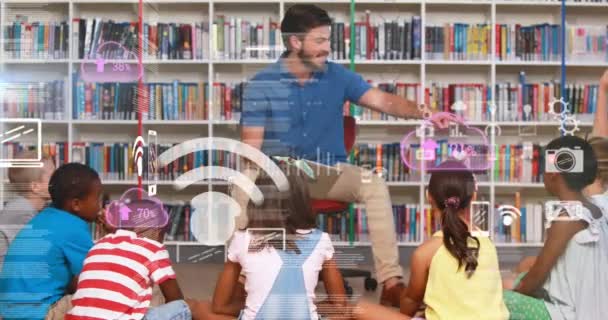Animering Kaukasiska Manliga Lärare Och Grupp Skolbarn Lärande Skolan Med — Stockvideo