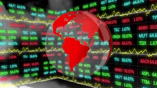 全球旋转的动画 股市上的云彩聚集在数字和图表上 股票交易所的价格上下波动 背景是数据记录 — 图库视频影像