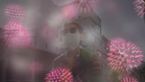 Animation Macro Virus Coronavirus Covid Cells Spreading Woman Wearing Sunglasses — Stock Video