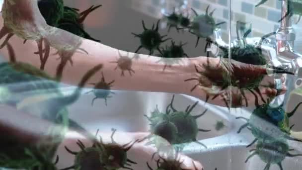 Animation Macro Coronavirus Covid Cells Spreading Man Washing His Hands — Stock Video