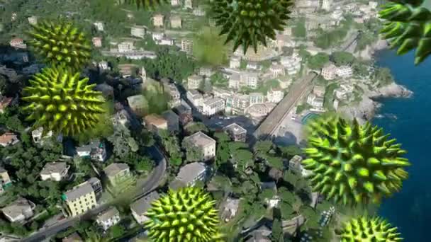Анімація Макро Коронавірусу Covid Клітин Поширюються Над Повітряним Видом Міський — стокове відео
