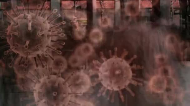 巨细胞Coronavirus Covid 19的动画在繁忙的城市街道上快速传播 医学公共卫生大流行病Coronavirus Covid 19爆发检疫封锁概念数字组合 — 图库视频影像